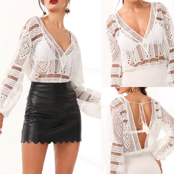 Lace crochet style sheer white bodysuit top - Picture 3 of 5